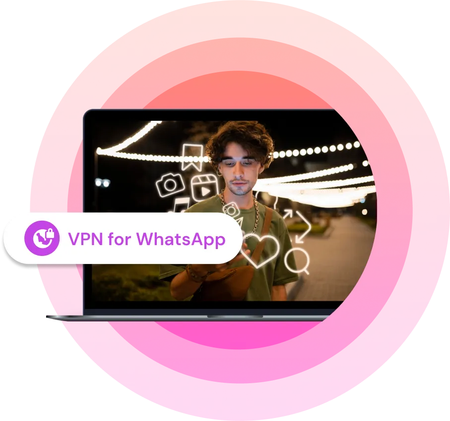 Laptop with a person texting as a wallpaper and label titled "VPN for Whatsapp"
